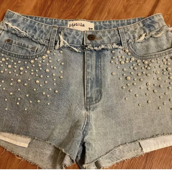 Pistola Pants - Pistola Light Wash Pearl Detail Shorts 27